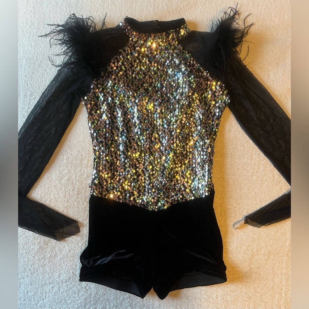 A Wish Come True dance costume, black velvet silver sequins feather shoulders. M